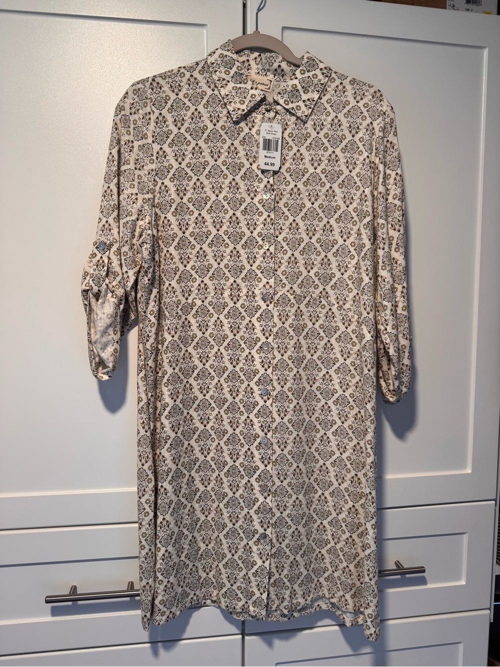 Printed Shirt Midi Dress in Beige and Brown - Women